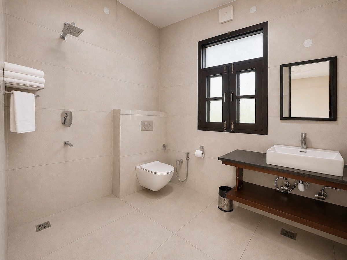 Step-in shower area, wall-hung toilet and washbasin