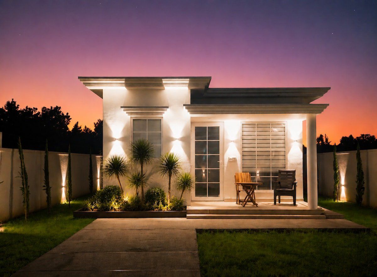 Apricot Garden Cottage — white facade and lit porch against a pink sunset
